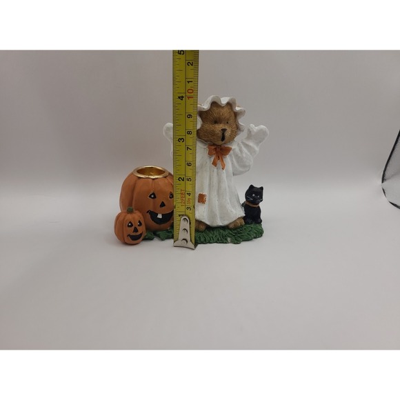 Vintage Teddy Bear Ghost Halloween Candle Holder With‎ Pumkins And Black Cat